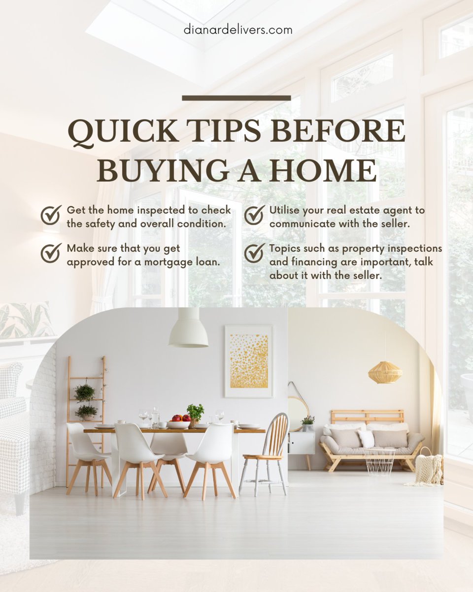 DianaRDelivers's tweet image. Quick Tips Before Buying a Home

Before you start your home search, take time to prepare. Know your budget, get pre-approved, and understand your needs vs. wants. 🔑

📞 +1 (267) 678-6797
— Diana Rivera | DianaRDelivers 

#HomeBuyingTips #DianaRDelivers #BucksCountyHomes