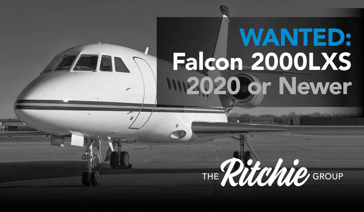 GroupRitchie's tweet photo. WANTED: Dassault Falcon 2000LXS
2020 or newer please. Contact Scott or Ashton directly, or email specs/photos to mailto:sales@jet-transactions.com.
#AircraftWanted #Falco8X #TheRitchieGroup #LocalYetGlobal https://t.co/EKUsCmb9vv