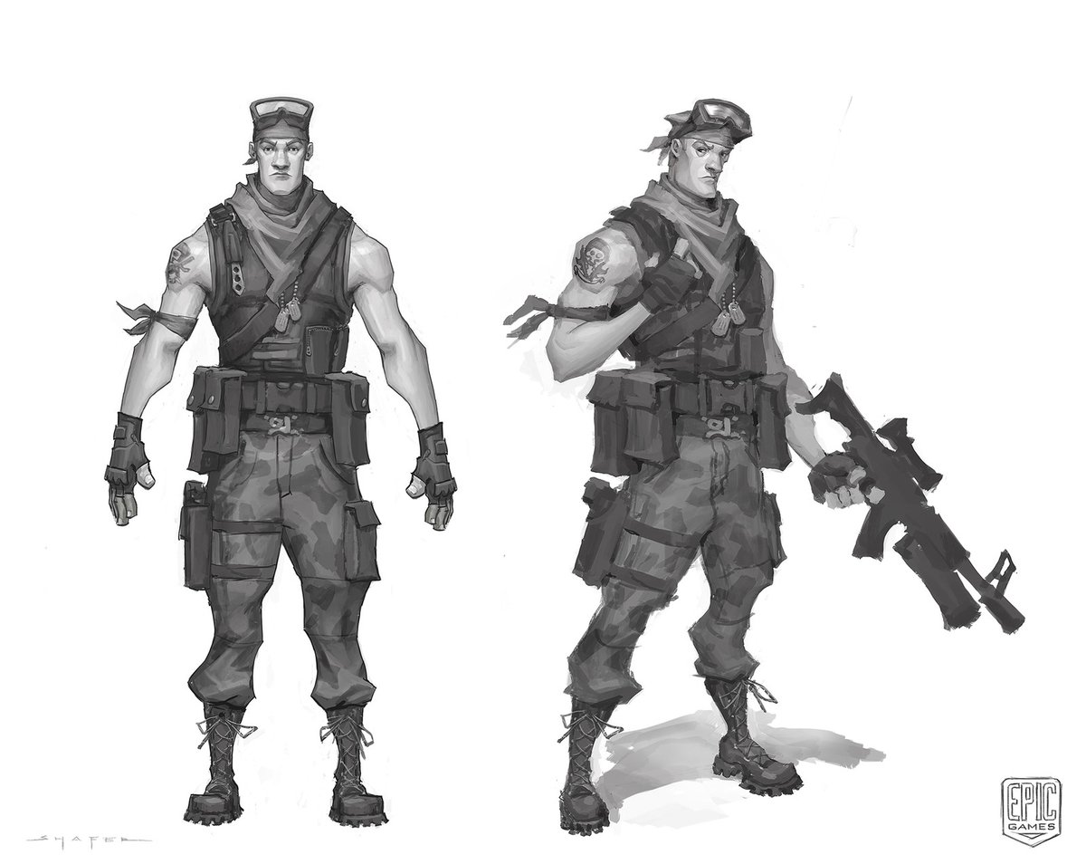 FortniteMan3000's tweet photo. Yeah, sure wish Epic was in a better spot, but seeing these leakers echo misinfo on who created Jonesy is annoying as hell. Ben Shafer, the 2D concept artist who created Jonesy as a character, is still employed. Vitaliy Naymushin created the 3D model based on Ben's artwork here. https://t.co/MLQpovd3Xl