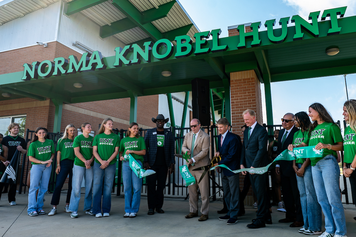 UNTPrez's tweet photo. Yesterday, we renamed our soccer and field and track stadium after the "original soccer mom" and @UNTsocial alum Norma Knobel Hunt. It was a joy to hear her family's tributes to their mother and we are honored our stadium will carry her name. https://t.co/uZ9UONndUs