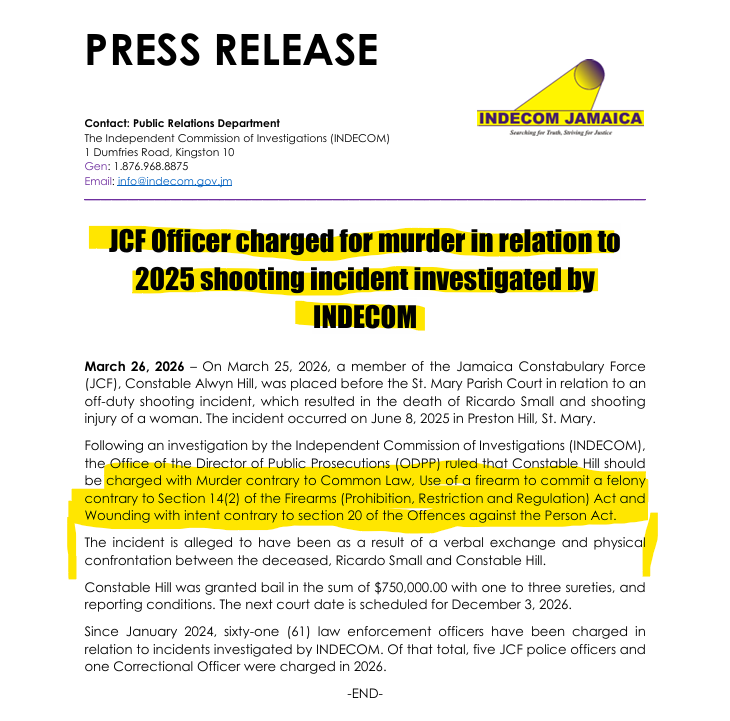 suezeecue's tweet photo. INDECOM press release: JCF Officer charged for murder in relation to 2025 shooting incident investigated by INDECOM https://t.co/iOkDV52uBH #INDECOM #Jamaica https://t.co/YC2ZAvHQxp