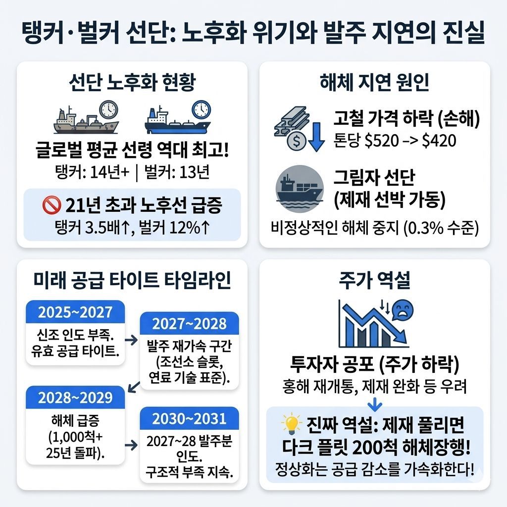 block_atom's tweet photo. <탱커·벌커 선단, 역사상 가장 늙었는데 왜 발주는 생각보다 느릴까?>

1. 글로벌 탱커 선단의 평균 선령이 14년을 넘었다. 2018년엔 10년이었다. 7년 만에 40% 늙었다. 벌커도 마찬가지다. 2018년 8.6년에서 2025년 13년. 둘 다 역대 최고령이다.

2. 숫자를 뜯어보면 더 심각하다. 탱커 전체 7,861척 중 21년 이상 된 배가 1,440척. 2018년엔 400척도 안 됐다. 3.5배 넘게 불어났다. 벌커도 21년 넘은 배가 1,856척으로 전년 대비 12% 증가. 반면 신조선(0~5년)은 탱커 전체의 겨우 13%에 불과하다.

3. 그럼 배는 보통 언제 퇴역하나. 전통적으로 탱커의 주류 퇴역 연령은 18~20년이었다. 메이저 용선주는 15년 넘은 배를 기피하고, 18년 이후부터는 연간 가동률이 약 10%씩 급락한다. 제재 거래를 빼면 20년 된 배의 가동률은 사실상 제로에 수렴한다. 

벌커는 조금 더 오래 버틴다. 케이프사이즈 평균 해체 연령 22년, 파나막스·수프라막스 24~26년, 핸디사이즈는 거의 30년까지 간다. 하지만 지금은 제재 덕에 33년짜리까지 현역으로 뛰고 있다. 최근 12개월간 해체된 탱커의 평균 선령이 33년이다. 비정상이다.

4. 퇴역 예상 물량이 핵심이다. 
🚢 탱커: 2026년 약 580척이 25년을 넘기고, 2028년까지 약 1,030척이 그 문턱을 넘는다. 2029년이면 전체 탱커 선단의 34%가 21년 이상. 지금의 거의 두 배다. 핸디/MR1은 56%가 21년 초과. 

🚢 벌커: 2025년 기준 21년 초과 1,856척(13%), 16~20년 구간 2,269척(16%). 이 16~20년 덩어리가 5년 안에 퇴역 구간으로 밀려온다. 

🚢 VLCC만 따로 보면: 현재 20년 초과 약 130척. 4년 안에 이 숫자가 두 배로 뛴다. 전체 VLCC 트레이딩 선단의 21%에 해당한다. 그런데 이 중 약 90%가 러시아·이란·베네수엘라 제재 원유를 실어 나르는 다크 플릿이다. 제재가 풀리면 이 배들은 시장에 돌아오지 못한다. 오염된 이력, 방치된 정비, 불투명한 소유구조. 곧바로 해체장행이다.

5. 그런데 왜 배를 폐기 처분안하고 계속 쓸까?
첫째, 고철 가격이 2023년 말 톤당 520달러에서 2025년 중반 420달러로 떨어졌다. 해체하면 손해다. 

둘째, 러시아 제재가 만든 '그림자 선단'. 오일 메이저 심사에서 탈락할 20년 넘은 아프라막스가 제재 원유를 실어 나르며 제2의 전성기를 누리고 있다. 2025년 상반기 해체된 벌커는 36척, 전체 선단의 0.3%. 탱커도 사정은 같다. 사실상 해체가 멈춘 거다.

6. 그럼 신조선은 언제 오나. 여기서 건조 기간이 중요하다. 
현재 중국 조선소 평균 인도 기간 약 3년, 탱커는 2.8년. 한국도 약 3년. 즉, 지금 발주해도 2028~2029년에나 물에 뜬다. 

2026년 수에즈막스 인도 예정 36척, 2027년 41척, 2028년 18척. VLCC는 2026년 약 30척 인도 예정이지만 연평균 40척이던 과거 대비 여전히 부족하다. 향후 3년간 VLCC 68척 인도 예정이라 명목상 8% 선단 증가지만, 노후 선박 가동률 하락을 감안한 유효 캐파 증가율은 겨우 1%다.

7. 수주 폭발의 타이밍. 
1) 2023~2024년은 실제로 탱커 발주가 폭발했다. 
2) 2024년 3분기까지 탱커 계약량 4,120만 재화중량톤. 2006년 이후 최대였다. 하지만 2025년엔 전년 대비 43% 급감한 291척만 계약됐다. 조선소 슬롯이 이미 2028~2029년까지 꽉 찬 탓이다. 

3) 다음 수주 사이클이 본격화되려면 두 가지가 필요하다. 
첫째, 컨테이너선·LNG선 발주 둔화로 조선소 여유 슬롯 확보(2026~2027년 예상). 

둘째, 대체 연료(메탄올·암모니아·LNG) 기술 표준의 윤곽이 잡히는 시점. 이 두 조건이 겹치면 2027~2028년 발주부터 재가속이 시작되고, 그 배들이 바다에 나오는 건 2030~2031년이다.

8. 정리하면 이런 타임라인이다. 
📌 2025~2027년: 퇴역 대상은 쌓이는데 신조 인도는 아직 부족. 유효 공급 타이트. 
📌 2027~2028년: 발주 재가속 가능 구간. 조선소 슬롯 열리고, 연료 기술 가닥 잡히면 오더북 급증. 
📌 2028~2029년: 1,000척 넘는 탱커가 25년 문턱 돌파. 해체 급증 시작. 동시에 CII 규제 강화로 노후선 퇴출 압력 극대화. 
📌 2030~2031년: 2027~2028 발주분이 인도되기 시작. 그때까지 시장은 구조적 공급 부족.

9. 그런데 주가는 정반대로 간다. 2024년 하반기부터 탱커·벌커 주식은 줄줄이 하락했다. 프로덕트 탱커주는 2024년 상반기 대비 40% 빠졌고, 크루드 탱커주도 평균 16% 하락. 

투자자들이 무서워하는 건 세 가지다. 
🔴 홍해 재개통 → 항로 효율화 → 톤마일 수요 감소. 
🔴 러-우 종전 → 제재 완화 → 그림자 선단 복귀 → 유효 공급 급증. 
🔴 트럼프 관세 완화 → 무역 패턴 정상화 → 비효율 프리미엄 소멸. 해운 투자자는 비효율을 먹고 산다. 효율이 돌아오면 운임이 무너진다. 그래서 팔고 있다.

10. 그러나 아이러니가 있다. 제재가 풀리면 다크 플릿 200척이 곧바로 해체장으로 간다. 
유효 공급이 늘어나는 게 아니라 오히려 줄어든다. 홍해가 열려도 수에즈를 다시 통과할 보험사의 승인이 필요하고, 

그 전환에만 수주~수개월이 걸린다. 시장이 두려워하는 "정상화"는 역설적으로 공급 타이트닝을 가속할 수 있다.

11. 소로스가 말한 그 "잘못된 방향의 전진"이 결국 멈추는 순간은 온다. 수천 척의 늙은 배가 동시에 퇴역하고, 조선소 캐파는 이미 꽉 차 있고, 수주 가격은 역대급인 그 순간. 2028~2030년, 그때까지 살아서 봐야 한다. 

사람의 노령화도 명확하고, 배의 노령화도 명확하게 흘러 갈 것이다.

김붕수 교수님 페이스북 긁을 일고 작성