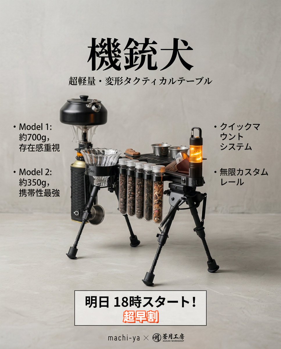 Aotsuki_Studio's tweet photo. 【機銃犬、ついに明日18時スタート！】
ギア好きの心を直撃する、超軽量・変形タクティカルテーブル「機銃犬」がmachi-yaで登場します
PETG＋アルミ合金のメカニックデザイン
Model1（約700g）：存在感たっぷりの可延長脚で視覚インパクト重視
Model2（約350g）：3Dプリント軽量脚＋1cm刻み高さ調整で携帯性最強
・片手で持てるコンパクト収納
・クイックマウントでサイドテーブル・ランタン・OD/CB缶ホルダー瞬時に着脱
・無限カスタム可能な独自レールシステム
キャンプのサイドテーブル、室内の撮影小物、日常のドリンクベース…
どこに置いても映える、ただのテーブルじゃない「機甲ギア」です。
明日18:00 machi-yaスタート！
超早割もご用意しています。
ぜひチェック＆応援よろしくお願いします！

#ガジェット
#キャンプギア
#アウトドアギア
#デスクの周り
#男のロマン