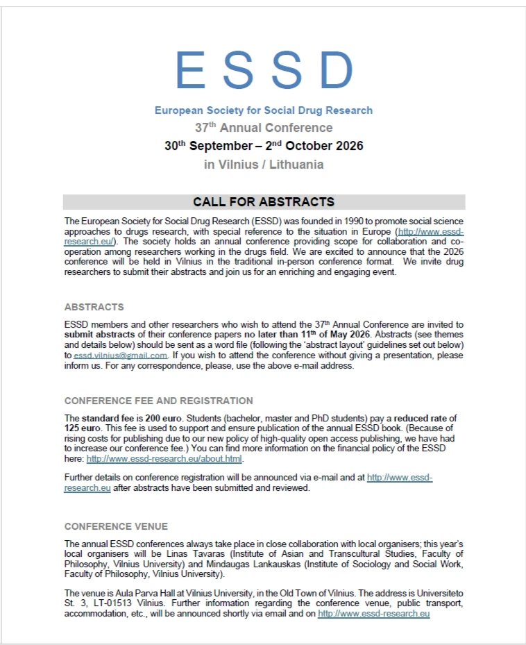 CDR_FFM's tweet photo. Call for abstracts for the next ESSD conference in September/October. Social drug researchers from all over Europe, please consider submitting research. See you there! https://t.co/j8EJjCp5So https://t.co/3fcPEzHhcp
