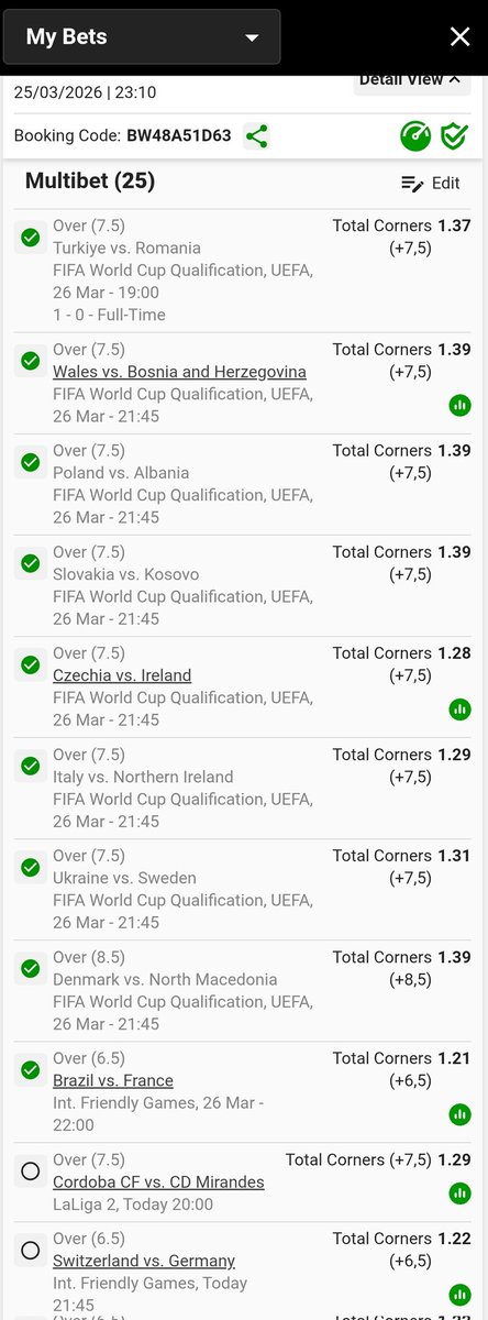 ✅️✅️✅️✅️✅️✅️✅️✅️✅️✅️✅️✅️✅️✅️
🚨Bet Update ‼️: Fulltime Corners
🚨Full-time Corners Over 6.5 &amp; 7.5
🚨9 Legs In ✅️ 16 More To Go ⏳️
🚨Next Kickoff at 20:00 
🚨Odds At Stake: 896.30 🍏🍏🫡