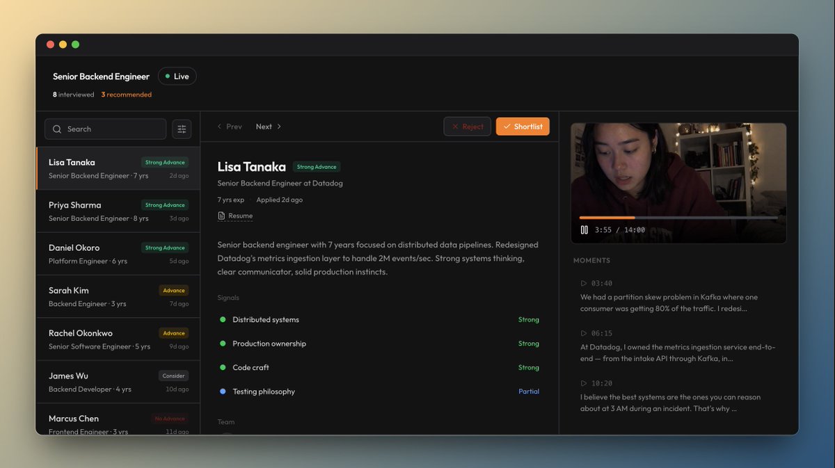 navin_dv's tweet photo. Hey! Built a tool that runs your screening and first round technical interviews async. Candidates get a link, interview via our voice agent on their own time, and get scored on the signals you set. You just wake up to a shortlist. 
Happy to pilot this on your role for free,  DM me or check out https://t.co/VcaMpPXgML.