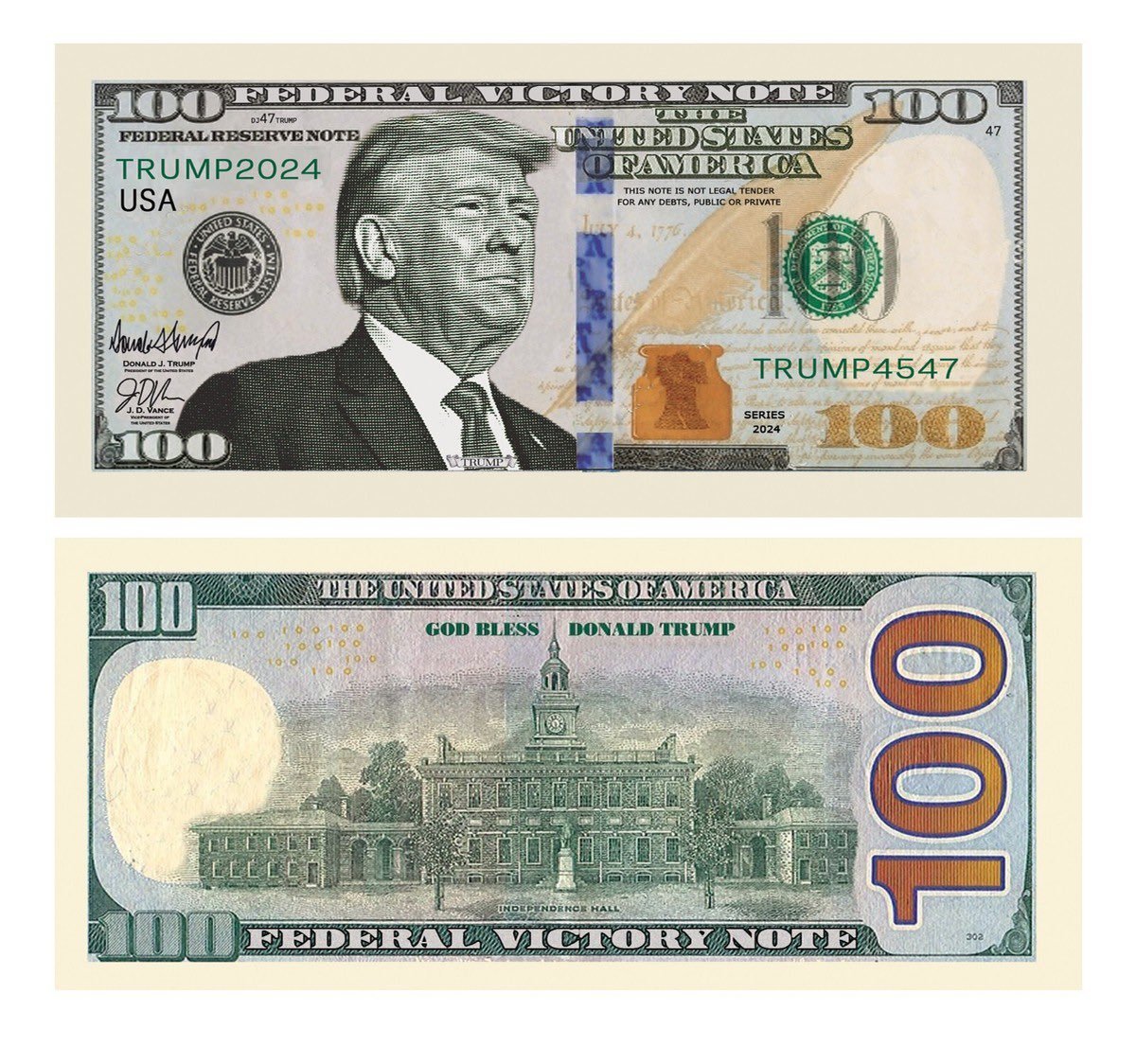 myc19631's tweet image. Federal Victory Note just dropped.  Trump on the front, Independence Hall on the back.  Liberal heads will explode! 😂  #Trump2024 #FederalVictoryNote #MAGA #TrumpCurrency