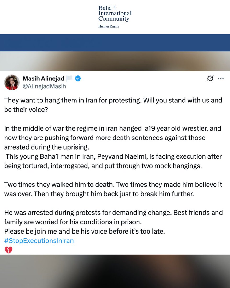 BahaiBIC_Rights's tweet photo. #PeyvandNaimi faces imminent danger after enduring two mock hangings, prolonged torture and interrogation, as Iranian authorities attempt to force him to confess to crimes he did not commit.

Iranian-American human rights activist and journalist @AlinejadMasih has shared posts calling attention to the case of Peyvand Naimi.

Alinejad’s expression of support adds to growing international concern over Peyvand’s grave situation.

#BahaiRights #MasihAlinejad #Iran
