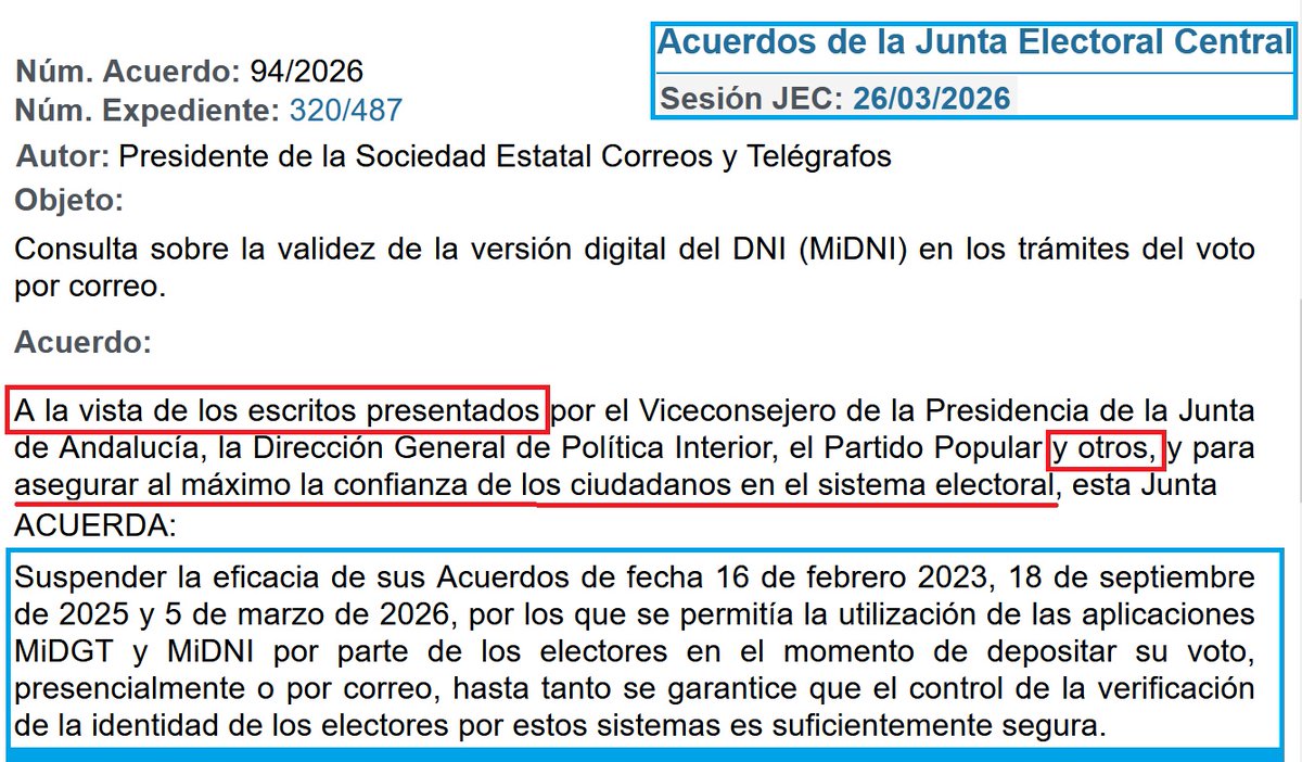 🗳💪💪💪 Desde febrero de 2023 estábamos en precario con la app MiDGT. ANTE LA AVALANCHA DE PROTESTAS, la JEC ha tenido que ANULAR la autorización del uso de MiDGT y MiDNI como medios de identificación del elector.
"OTROS", somos todos los que denunciamos esta grieta de seguridad