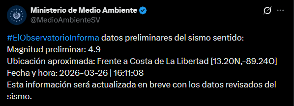 elsalvadorcom's tweet photo. #ÚltimaHora | Fuerte sismo fue percibido hace pocos instantes en El Salvador.

Información en desarrollo. https://t.co/RzQEogyzCc