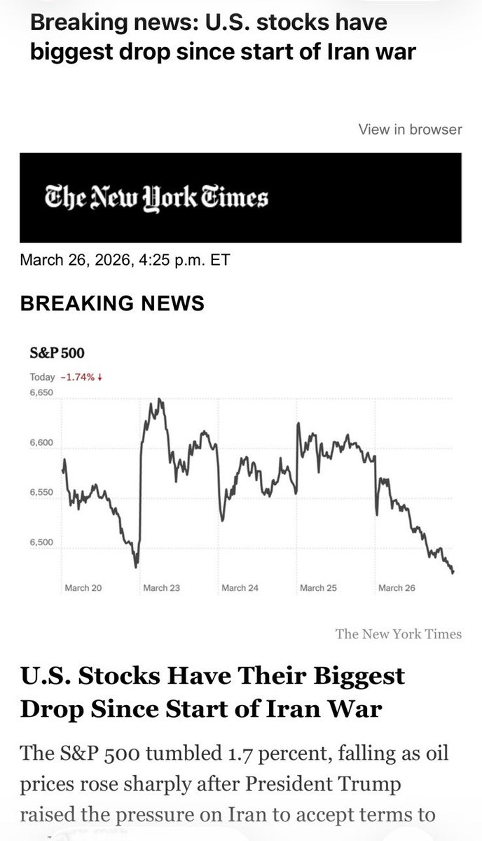 JonesForAR's tweet photo. Wall Street just had its worst day since the Iran conflict escalated. Stocks down. Oil up 4%.

That means higher costs for almost everything. But the “promise made” was lower prices.

French Hill gets markets. He just doesn’t seem to get who’s being crushed by them. https://t.co/4qPslSseID