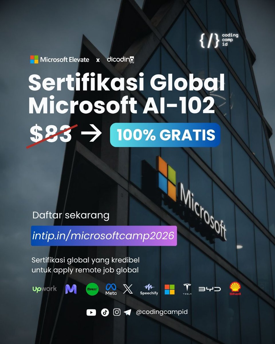adityadj98's tweet photo. Credential sertifikasi resmi yg kredibel penting buat remote job

biasanya sertifikasi microsoft AI-102 kalau di web resminya beneran $83. nah ini malah gratis, dan dikasih learning path materi persiapannya. tapi tetap terbatas dan selektif ya,  cek aja:
https://t.co/Zdh4Of4QCk https://t.co/dHslcxIWXO