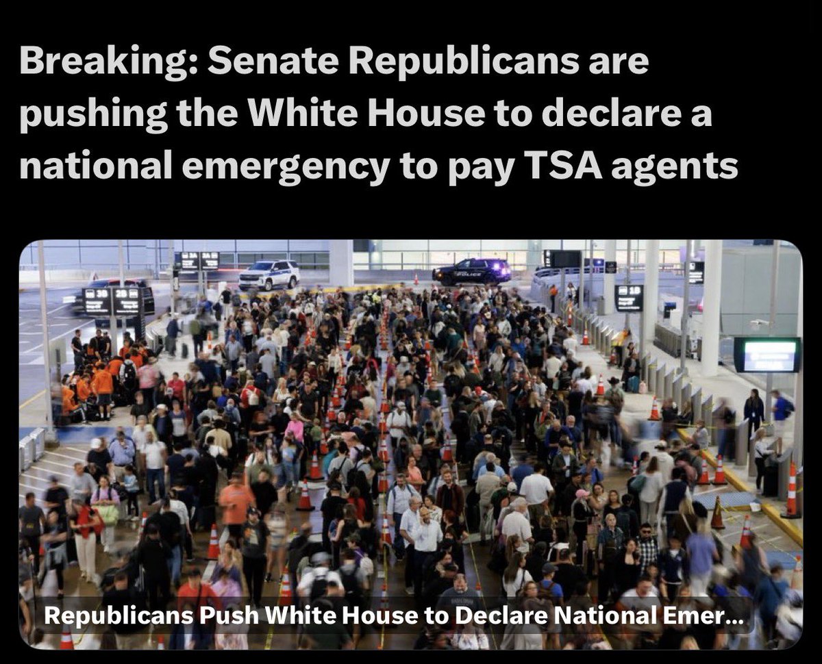 GOVERNMENT SHUTDOWN: With the Senate’s 14-day paid vacation at risk, Leader Thune is begging the White House to declare a national emergency to pay TSA Agents so they can go on vacation. If Trump does he should require them to allow him recess appointments during their vacation.
