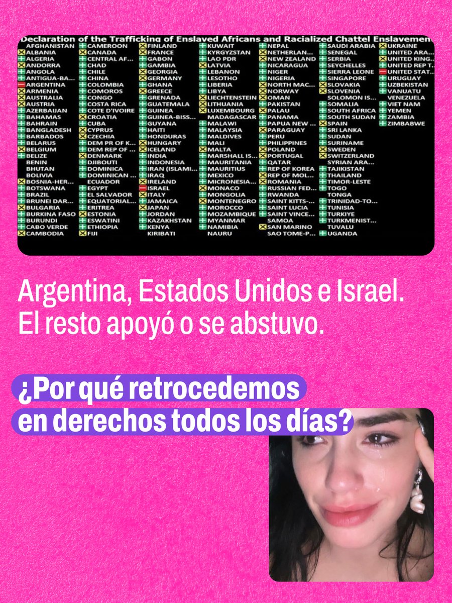 Argentina votó en contra de declarar la escl4vitud como el crimen de lesa humanidad más grave en la ONU ‼️

Mientras 123 países acompañaron la resolución impulsada por la Unión Africana, solo tres votaron en contra: Argentina, Estados Unidos e Israel. 🤦🏽‍♀️