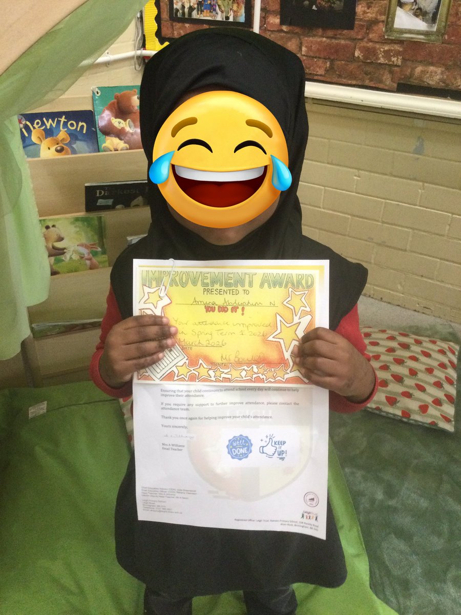 LeighPrimary's tweet photo. Wow! Look at our Nursery child who has been working hard to come to school everyday. #Attendance2026 #improved #lifelonglearners #Articke https://t.co/bFWZ2kS6sM
