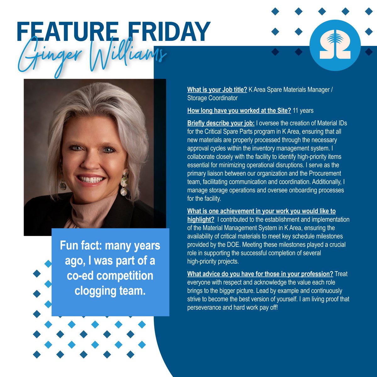 It's #FeatureFriday! Meet the SRNS Materials K-Area Spare Materials Manager &amp; Storage Coordinator, Ginger Williams. Thank you for helping us #MakeTheWorldSafer, Ginger.