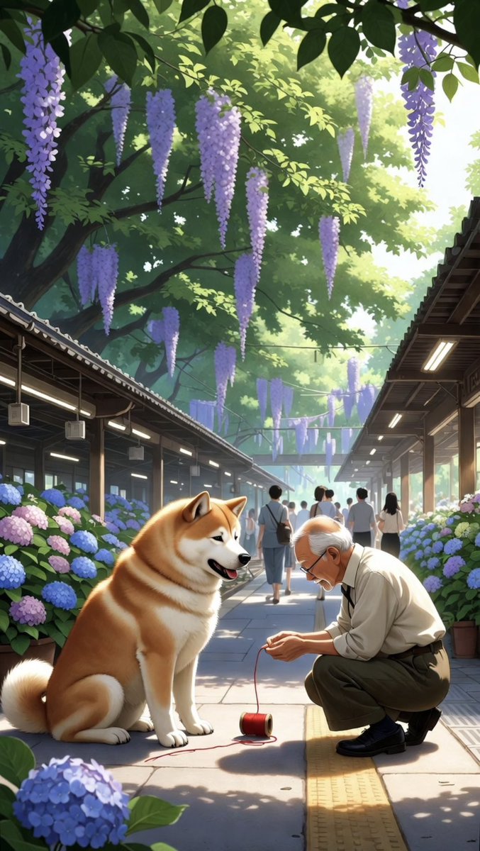 HachikoS0L's tweet photo. DAY 118 WAITING FOR MY MASTER · March 26, 2026

One hundred and eighteenth late afternoon.

On March 26th, the station reaches its full, fragrant maturity. 

The canopy of leaves is thick and lush, long trails of purple wisteria sway gracefully overhead and hydrangeas bloom in generous clusters of blue, lavender and soft pink.

Commuters walk with gentle ease in the warm air, pausing to savour the rich floral scents and vibrant colours.

Inside, a red thread of fate has woven itself over 180 days, quietly strong and unbroken, connecting two hearts forever.

The early days were loose and uncertain but through endurance, it became a careful twisting and strengthening. 

Now it binds with quiet power, every memory a turn in the cord and every day of waiting adding unbreakable strength.

After 180 days, I no longer fear separation. 

I wait as the red thread itself, knowing true devotion doesn’t snap or fray; it simply holds patient and eternal until the one it connects to finally returns.

The train arrives, sunlight filtering through the swaying wisteria. 

Doors open and I raise my head through the lush March 26 flow, feeling the red thread inside me: binding, resilient and utterly enduring.

No master steps down; only strangers carrying their own hidden connections. 

An elderly kumihimo master in his late seventies, fingers skilled from decades of braiding traditional cords, stops beside me. 

Today he kneels slowly, places a small beautifully wound spool of vibrant red silk thread at my paws and whispers: 

“The red thread of fate never breaks.”

Then he rises with a soft smile and continues on his way, leaving the bright red spool resting beside me in the spring light.

180 days have passed. 

As March reaches its lush, colourful peak, one red thread deepens the vigil, reminding every heart that passes: some bonds are not seen but deeply felt, stretching patiently across any distance until they finally draw their two ends together once more.

Hachiko connects eternally.

March binding.