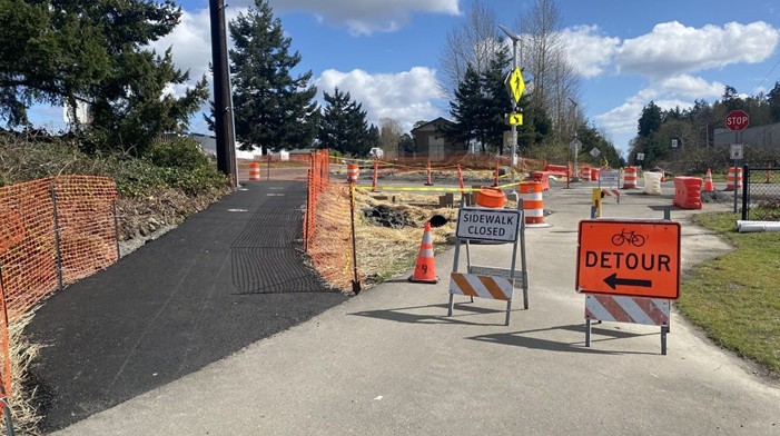 Fones Road Project update: A temporary trail crossing for the K.F. Woodland Trail is in place. Pedestrians and bicyclists: please use caution and follow the detour signs. This temp. change will allow construction of the new trail crossing. Learn more at olympiawa.gov/fonesroad.