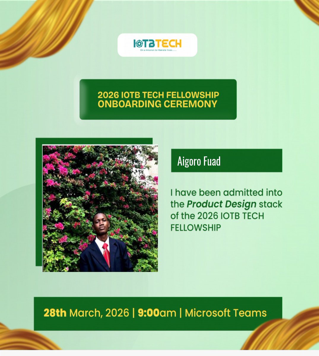 AdioFuad60536's tweet photo. From applicant โก๏ธ Fellow.
Alhamdulilah, Iโve been admitted into the Product Design track of the IOTB Tech Fellowship 2026..
Grateful for the opportunity. Ready to learn, build, and grow.
Looking forward to the onboarding Session.
#IOTBTech #TechFellowship #Product https://t.co/fDOWOW2HvP