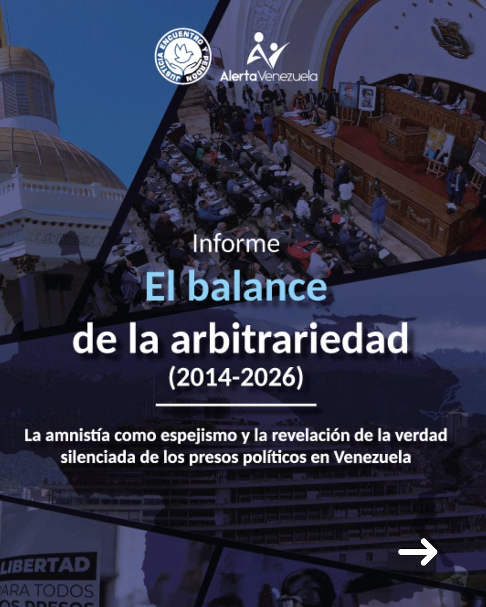 JEPvzla's tweet photo. A 30 días de la aprobación de la Ley de Amnistía de 2026, presentamos junto a AlertaVenezuela nuestro nuevo informe: "El balance de la arbitrariedad (2014-2026)", que  ofrece una mirada técnica sobre la evolución del sistema judicial y el impacto real de la Ley de Amnistía promulgada en febrero de 2026. 

 El documento examina cómo la aplicación de la amnistía ha funcionado más como una herramienta de gestión política que como un proceso de reparación integral, transformando en ocasiones obligaciones legales —como las libertades por retardo procesal— en beneficios discrecionales. 

 Para avanzar hacia una reconciliación genuina, el informe subraya la necesidad de desmantelar las estructuras de control y realizar una auditoría independiente de los centros de reclusión. La justicia verdadera requiere transparencia y el restablecimiento pleno de las garantías constitucionales.  

📖 Te invitamos a leer el informe completo en nuestra página web https://t.co/3YIYuTKoXb 

#JusticiaYLibertad