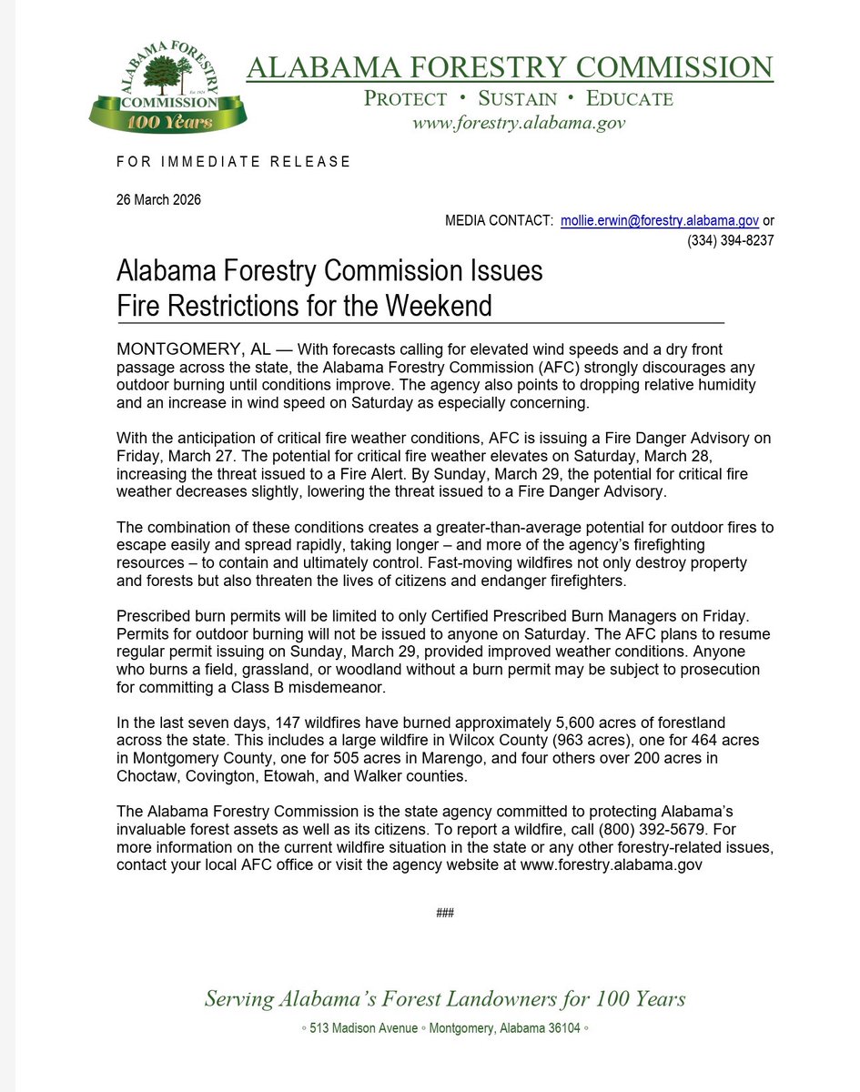 Alabama Forestry Commission Issues FIRE DANGER ADVISORY for Friday March 27. FIRE ALERT for Saturday March  ocv.im/ui38LQS