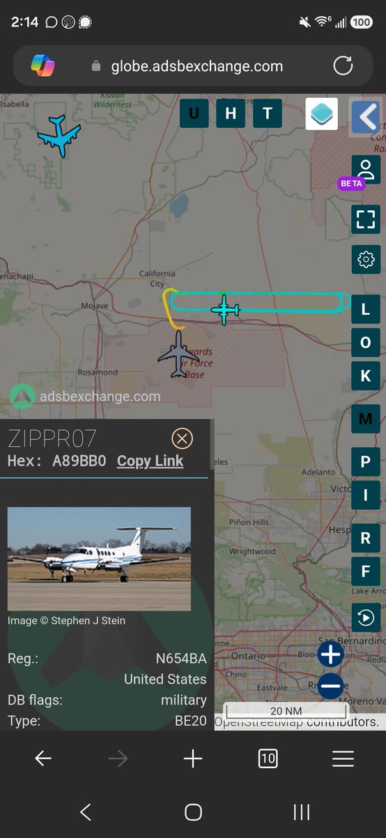 norb420's tweet photo. #A89BB0 as #ZIPPR07 Up from North Base K9L2, flew a racetrack pattern just north of Edwards at 17,950 feet. https://t.co/llv3Ht0qWG