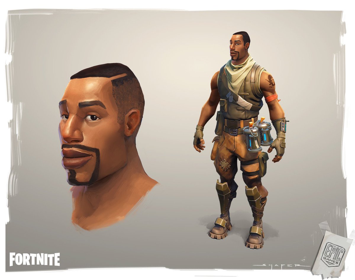 FortniteMan3000's tweet photo. @ShiinaBR Ben Shafer also created the exact style of the Battle Royale defaults, which was later applied to Jonesy. Give the man his flowers and stop misattributing his work, if you truly want to take the side of the artists and creatives who make the game what it is. https://t.co/VjHrtvzjoH