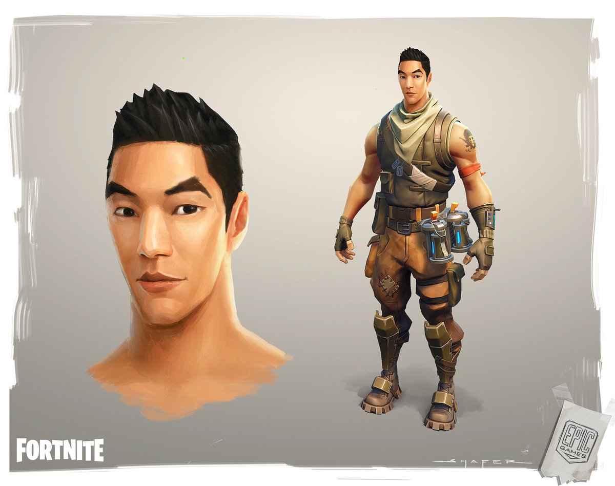 FortniteMan3000's tweet photo. @ShiinaBR Ben Shafer also created the exact style of the Battle Royale defaults, which was later applied to Jonesy. Give the man his flowers and stop misattributing his work, if you truly want to take the side of the artists and creatives who make the game what it is. https://t.co/VjHrtvzjoH