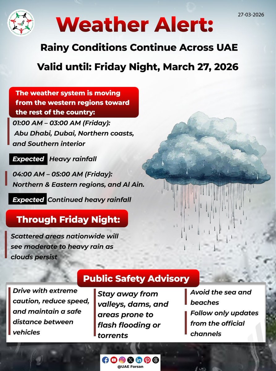 UAE_Forsan's tweet photo. Weather Alert: Rainy Conditions Continue Across UAE
Valid until: Friday Night, March 27, 2026
#NCM #weather #weather_forecast #تنبيه #المركز_الوطني_للأرصاد
@ncmuae https://t.co/Dtz997WC99
