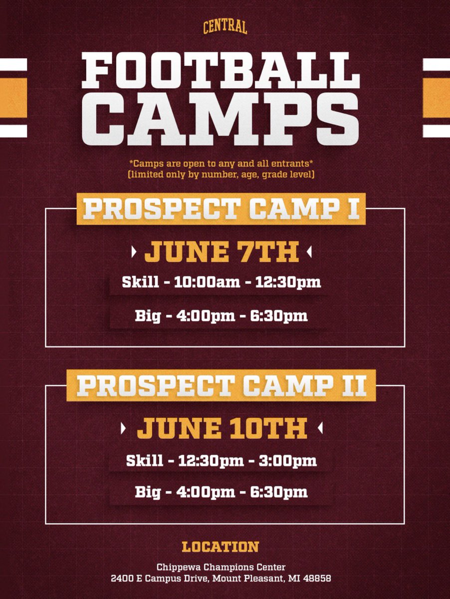 Thanks <a href="/CoachSakk/">Jacob Sakk</a> for the invite to Central Michigan Prospect Camp!!
<a href="/john_p34/">John Peacock</a> <a href="/jleee74/">Coach Josh Hunter</a> <a href="/AthletesEdgeUSA/">Athletes Edge USA</a> <a href="/power5football2/">@power5football</a> <a href="/CMU_Football/">Central Michigan Football</a> <a href="/GeorgeYarberry/">George Yarberry</a>