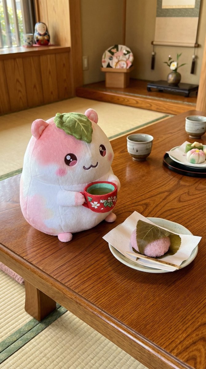 桜餅、じぶんににてる……🌸
（気のせいかな）

#ぬい活 #AIぬい活 #ハムカップ