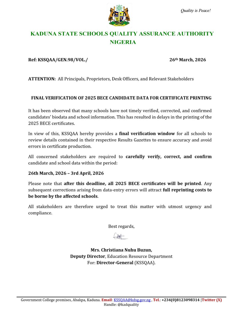 Kaduna State Schools Quality Assurance Authority tweet media