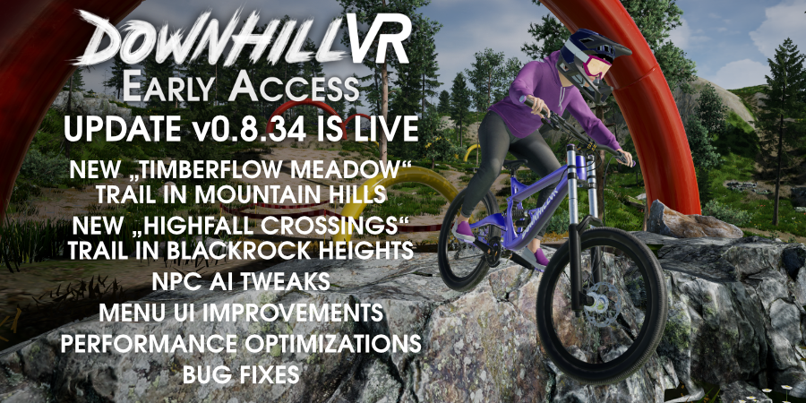 DownhillVR's tweet photo. 🚵‍♂️ DownhillVR Update v0.8.34 is live! 🔥

After a bit of a delay, the new update is finally here, bringing two brand-new trails, NPC AI improvements, UI tweaks and more!

🔗 Check out all the details:
https://t.co/Q9DHx6f75d

#DownhillVR #VRGaming #MountainBiking #VirtualReality https://t.co/HbrdtWKNTw