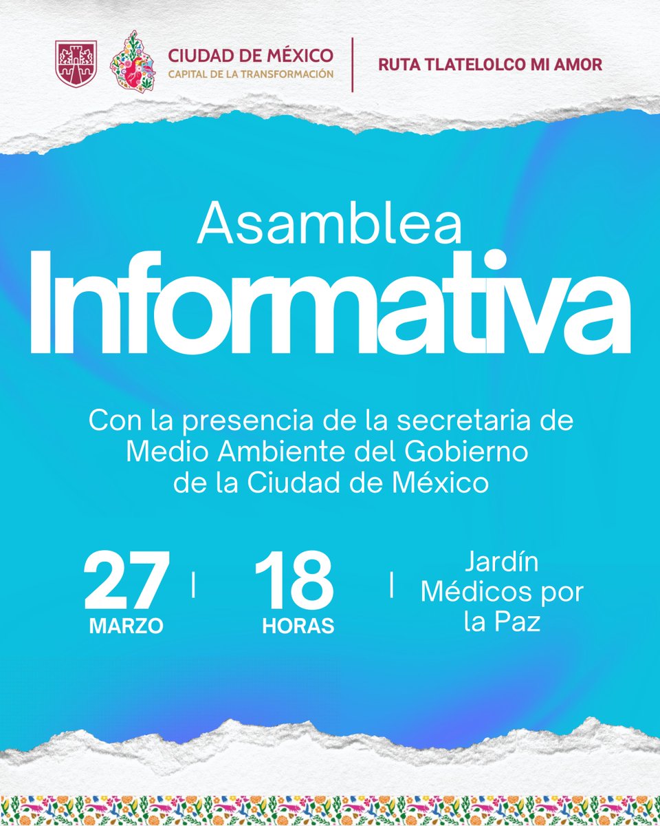 Mañana tendremos una asamblea informativa muy importante con la presencia de la secretaria Julia Álvarez Icaza, titular de la Secretaría del Medio Ambiente de la Ciudad de México, para abordar las tareas que ejecutará esa dependencia en Tlatelolco.

Les esperamos.