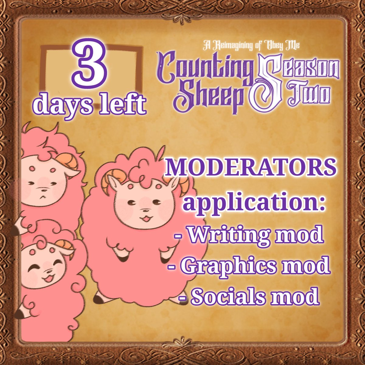 countingsheepom's tweet photo. 3 DAYS LEFT FOR MODS APPLICATIONS!
They're multiplying... 😯
Check the link to the form here:
https://t.co/eWN0Bhm9X6
#modapp #obeyme #countingsheepzine #obeymemc #zineapp https://t.co/iMroJ38Rxe
