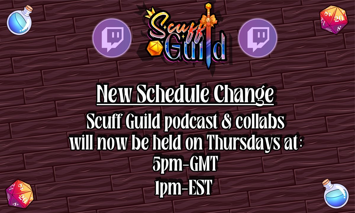 ❤️🧡💛💙 

📅Schedule Change!📅
The guild is changing their podcast/collab schedule to fit all the members time zones better~

We'll see you all on Thursdays, 2 hours earlier than usual! ✨