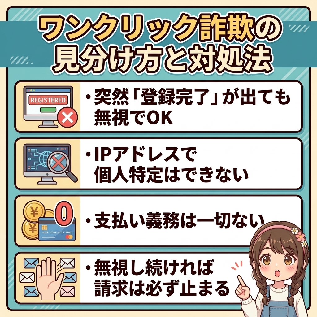 oman_cko_tv's tweet photo. スマホ利用者の約7割が遭遇すると言われるワンクリック詐欺。
実は、画面に表示されるIPアドレスからあなたの名前や住所がバレる確率は0%なんだ。
動画を見ようとしたら突然「ご登録ありがとうございます！〇〇万円」って出るとすごく焦るよね。
でも、こちらが同意していない契約は成立しないから、支払い義務は一切ないよ。
画面に端末情報やIPアドレスが出ても、それだけで個人特定はできない仕組みになっているんだ。
ここで一番やってはいけないのが、退会しようとして相手に電話やメールをしてしまうこと。
こちらから連絡してしまうと��逆に自分の電話番号などの本当の情報を相手に教えることになってしまうよ。
だから、画面をそっと閉じてブラウザのタブを消し、そのまま無視するのが一番の対処法。
そのまま無視し続ければ、不当な請求は自然と止ま��ようになっているからね。

もし変な画面が出ても慌てずに深呼吸して、そのまま何もしないで放置してね。