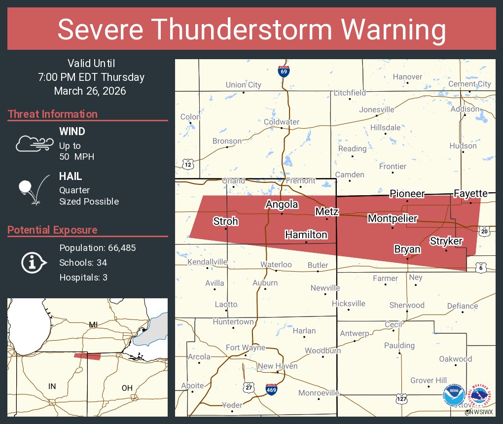 NWSSevereTstorm's tweet photo. Severe Thunderstorm Warning including Angola IN, Bryan OH and  Archbold OH until 7:00 PM EDT https://t.co/OiCSZMFD9S
