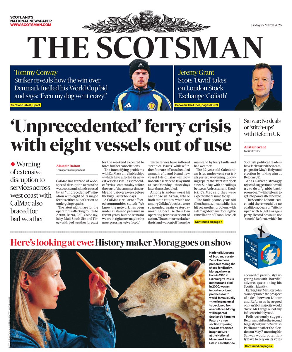 "'UNPRECEDENTED' FERRY CRISIS WITH EIGHT VESSELS OUT OF USE"
<a href="/AlastairDalton/">Alastair Dalton</a> for <a href="/TheScotsman/">The Scotsman</a> 

<a href="/CalMacFerries/">CalMac Ferries</a> has warned of widespread distruption across the West Coast and Islands caused by an "unprecedented" situation.

#TheScotsman
#TomorrowsPapersToday