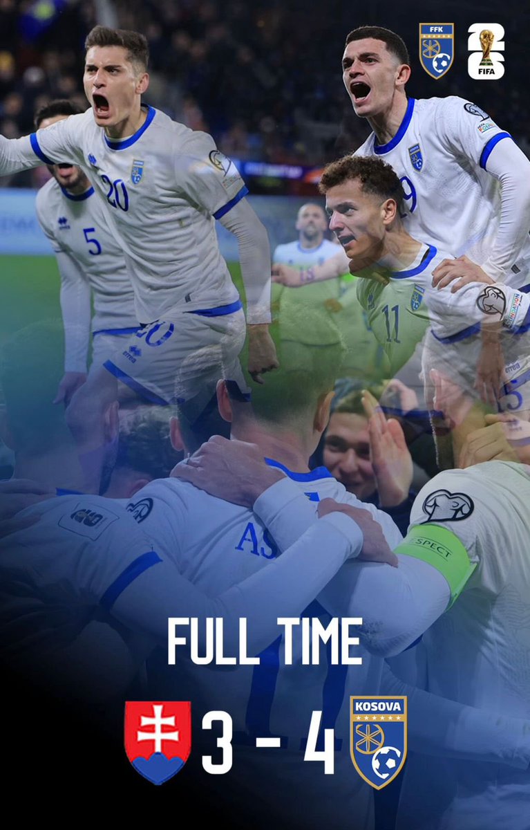 VjosaOsmaniPRKS's tweet photo. Our fantastic #TeamKosova carry a whole nation with them. 🇽🇰

They’ve made us all believe!

A victory to remember. One match away from qualifying for the World Cup!

Bravo Dardanë! https://t.co/l4sMx14cQ7