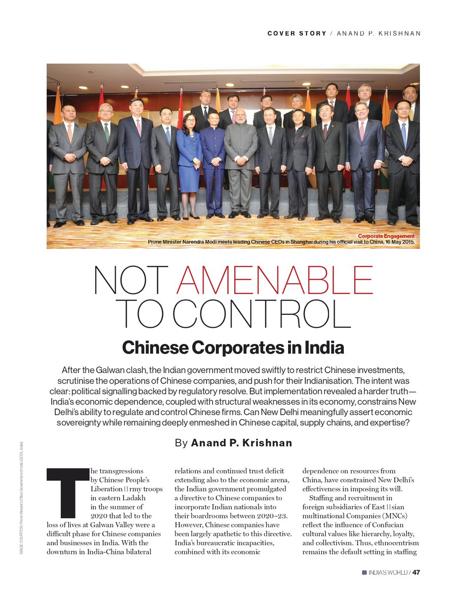anandpkrishnan's tweet photo. A combination of Chinese political norms &amp; business practices have excluded Indians from higher management positions in Chinese companies in India.

My essay in the March issue of @IndiasWorld_mag themed 'India's China Challenge', guest edited by @jabinjacobt. https://t.co/k7MuXllI3a