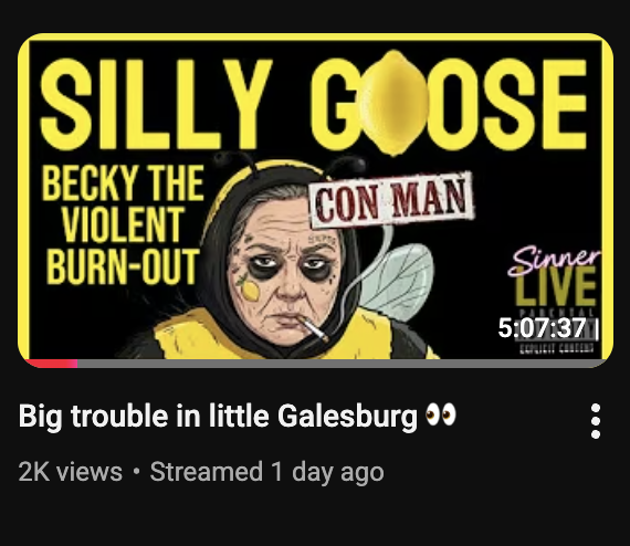 KT87985373's tweet photo. Please help me with reporting this deranged lunatic so that @TeamYouTube will take notice of his harassment on creators like @QB8880  and Grannys Watching in this stream.
https://t.co/5TeSwTZgh9

This livestream is built around sustained ridicule and accusation toward Queen Bee / Becky, with the host repeatedly using derogatory nicknames, discussing 911 calls to her house, referencing an upcoming criminal court date, and promising viewers that Queen Bee is 'in trouble again.' The stream frames the subject as a violent, dishonest, irresponsible person and invites the audience to put on their 'detective hats' and help figure the situation out. The thumbnail itself intensifies that framing with labels such as 'violent burn-out' and 'con man.' The transcript also includes repeated creator-conflict insults aimed at Granny's Watching and Jones, strike/court talk directed at another creator, and monetization prompts through super chat goals, giveaways, and membership gifting during the same conflict-heavy stream.