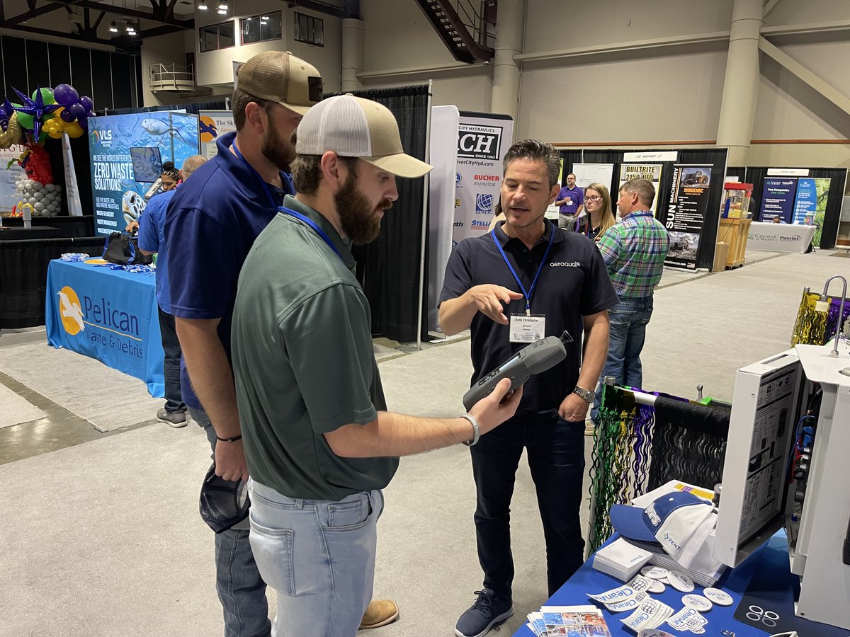 cleanairengr's tweet photo. CleanAir is at the LSWA Environmental Trade Conference and Fair this week. Come find us at booth #27! Special thanks to Andy Christopher and @Aeroqual, for the extra support! Pictured: Andy talking up the Ranger handheld and Andy with CleanAir’s Steven Iacovino. https://t.co/38NgNHQJyW