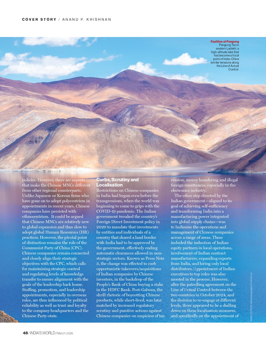 anandpkrishnan's tweet photo. A combination of Chinese political norms &amp; business practices have excluded Indians from higher management positions in Chinese companies in India.

My essay in the March issue of @IndiasWorld_mag themed 'India's China Challenge', guest edited by @jabinjacobt. https://t.co/k7MuXllI3a