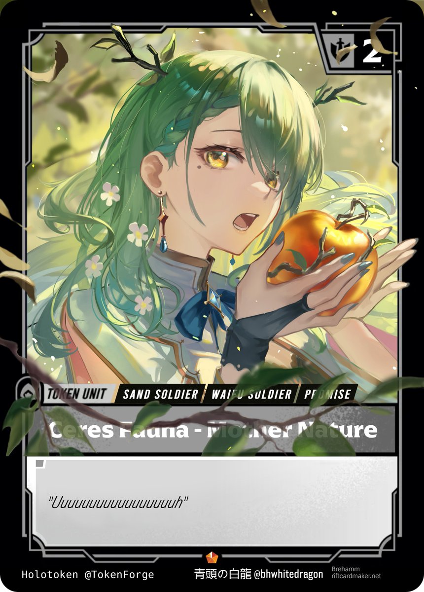 TokenBlacksmith's tweet photo. The First project is complete! ⚒️✨

I'm proud to reveal the first token of the forge! Who better to open than Mother Nature herself? Featuring the breathtaking art of @bhwhitedragon 

Follow for more custom tokens!

#TokenForge #TCG #CustomCard #RiftBound #FineFaunart https://t.co/3gWq9GO6va