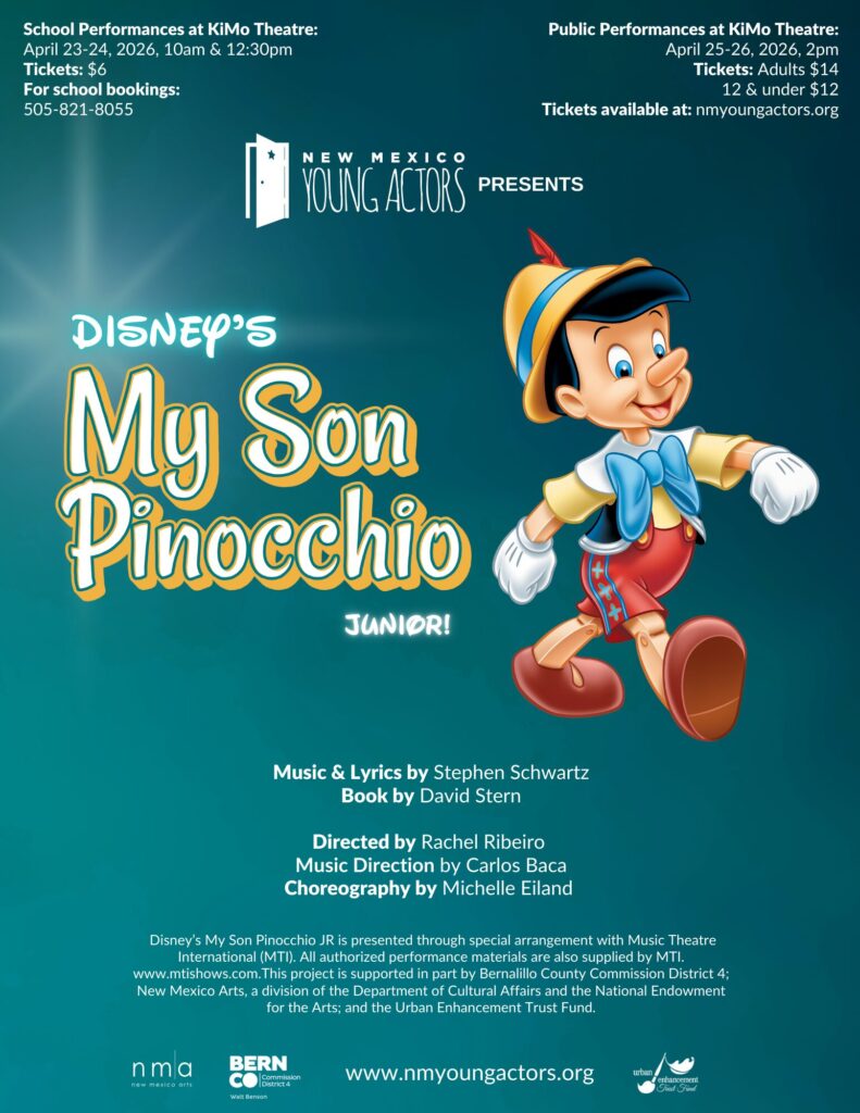 KiMoTheatre's tweet photo. New Mexico Young Actors presents “Disney’s My Son Pinocchio Jr.” at the KiMo Theatre next month on April 25 and 26 at 2 pm.

For tickets and more information, visit the link in bio. https://t.co/Vzonk0OmzN https://t.co/A0ZFdpX7ux