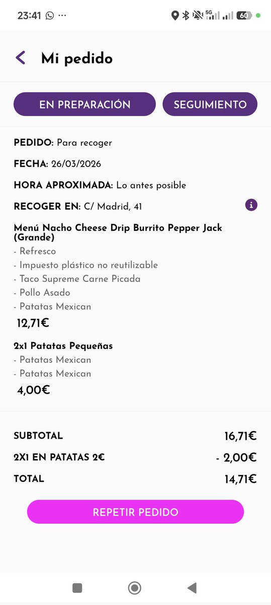 CManubu's tweet photo. @TacoBellSpain Pedido a las 22:55 dentro de horario y al ir a recogerlo a las 23:25 el local de @TacoBell_ES ya estaba cerrado.
La app marcaba “en preparación”.
Esto es inaceptable. Tengo pruebas.
Exijo solución y devolución. https://t.co/P8n8R2Hn0l