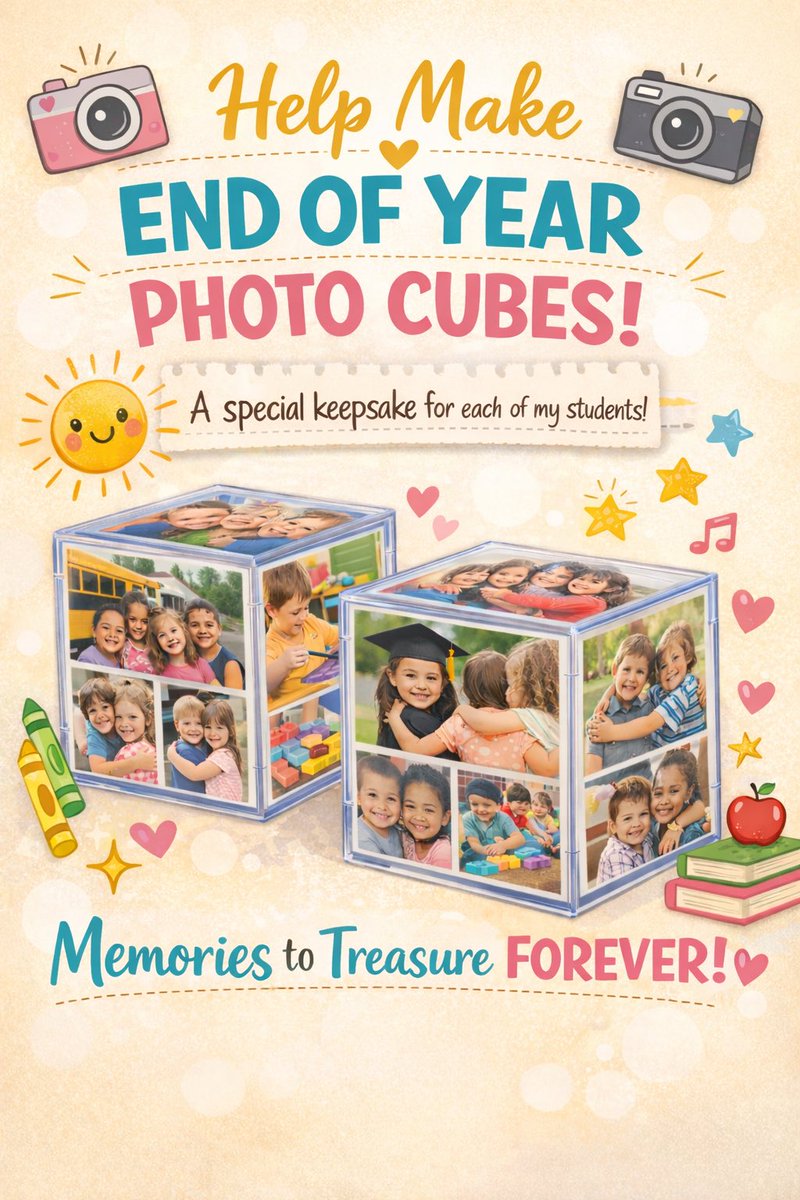 PrincessLisssa's tweet photo. 📸✨ End-of-Year Keepsake ✨📸

I’m hoping to give each of my students a 6-sided photo cube filled with special memories from our school year 💛

From first days to friendships, silly moments, and all the learning in between… this is something they can keep and treasure forever 🥹✨

If you’re able to help make this happen, I would be so incredibly grateful!!

📦 https://t.co/Z1VwzrrCxR

#CleartheList #PreschoolMagic #EndOfYear #SupportTeachers