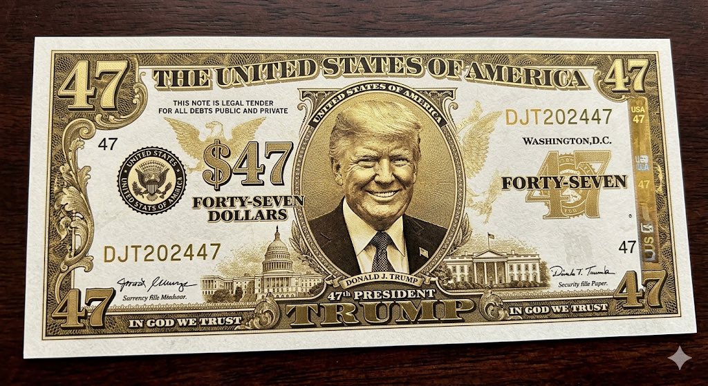 jdieffen's tweet photo. Who’s excited for the new $47 bills?  Pure gold ink.  In the future everything will be specified in denominations of 47. https://t.co/U1P4VntslR