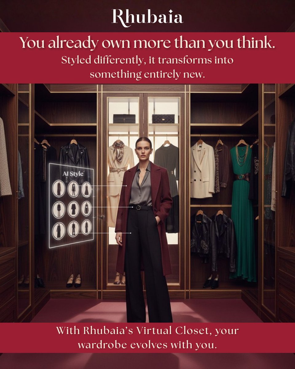 rhubaia's tweet image. Your wardrobe holds more potential than it reveals.
 
Seen differently, it transforms.
 
Rhubaia’s Virtual Closet redefines what you own - evolving your wardrobe with clarity and intention.
 
Explore a smarter way to dress.
 
#Rhubaia #VirtualCloset #IntelligentStyle